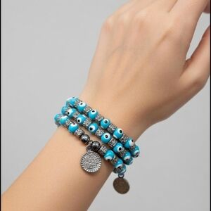 Blue Evil Eye And Beaded 3-Tier Stretch Bracelet